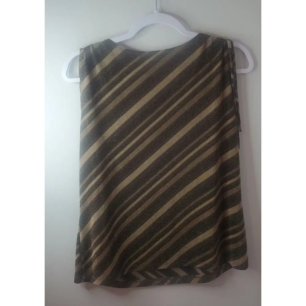 AGB Womens Top Large Gold‎ Black Round Neck Tank Casual Ladies Striped Brown